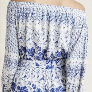 Anthropologie Clemente Blue and White Off-Shoulder Romper-Md